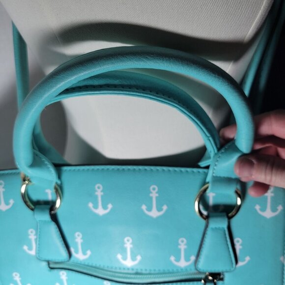 Turquoise Anchor Nautical Faux Leather Adjustable Crossbody Shoulder Handbag - Picture 5 of 11